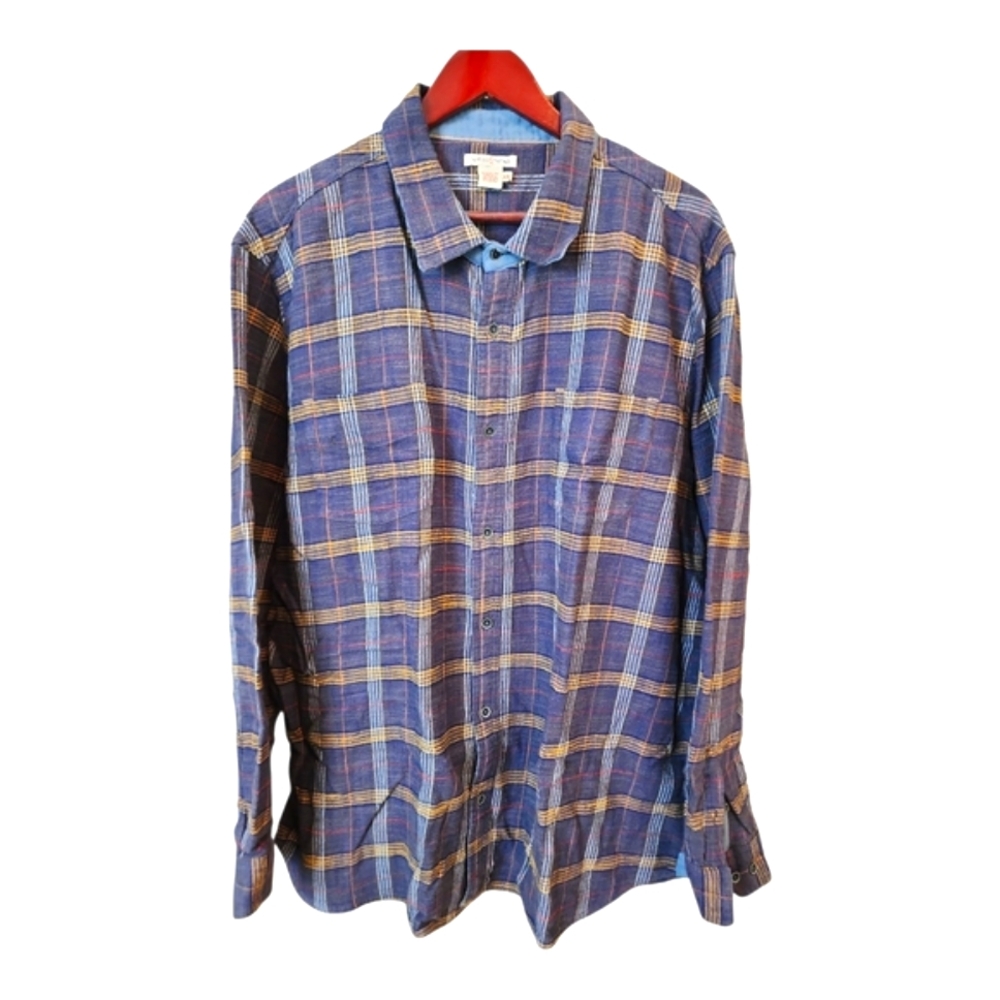 Carbon2Cobalt Men's Navy and Yellow Plaid Fleece Button Down Shirt